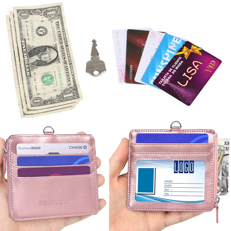 Wisdompro Badge Holder with Zip, Wisdompro 2-Sided PU Leather ID Badge Holder with 1 ID Window, 4 Card Slots, 1 Side Zipper Pocket and 1 Piece 20 Inch Leather Neck Lanyard Strap - Rose Gold (Horizontal) - Image 4